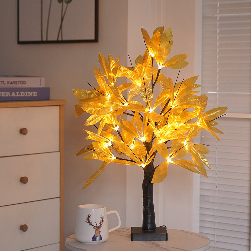 新款春節24燈白樺樹 LED發財樹黃金葉樹燈室內小夜燈節慶日裝飾燈