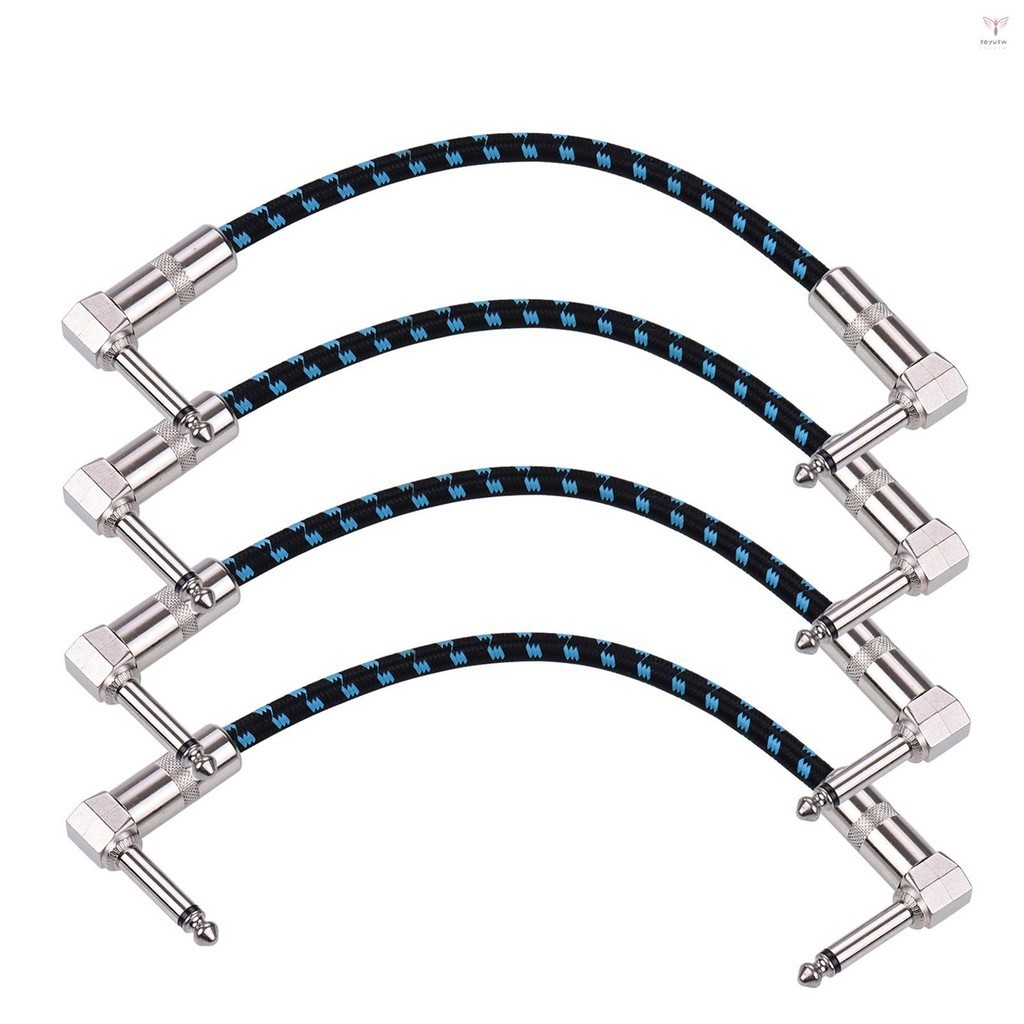 Ggiant AC-18-3 吉他踏板跳線 6 英寸長同軸電纜純銅屏蔽帶 1/4 英寸直角連接器效果板電纜線黑色和藍色粗