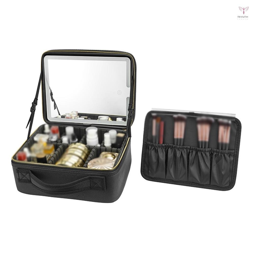 Uurig)大號化妝包帶可拆卸發光鏡防水皮革化妝收納盒可愛審美旅行化妝包