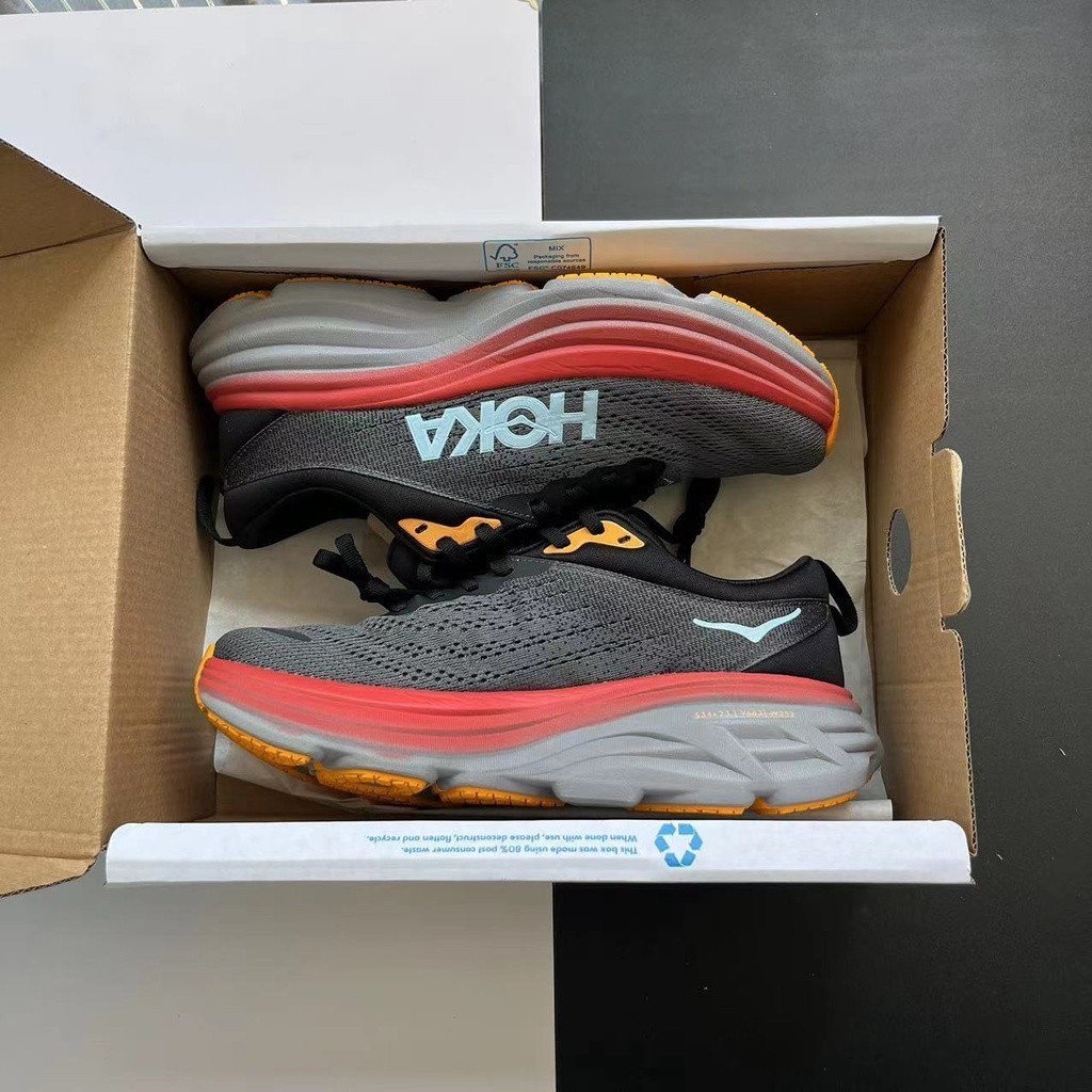 厚底跑鞋 HOKA ONE Bondi 8 減震跑鞋黑灰紅