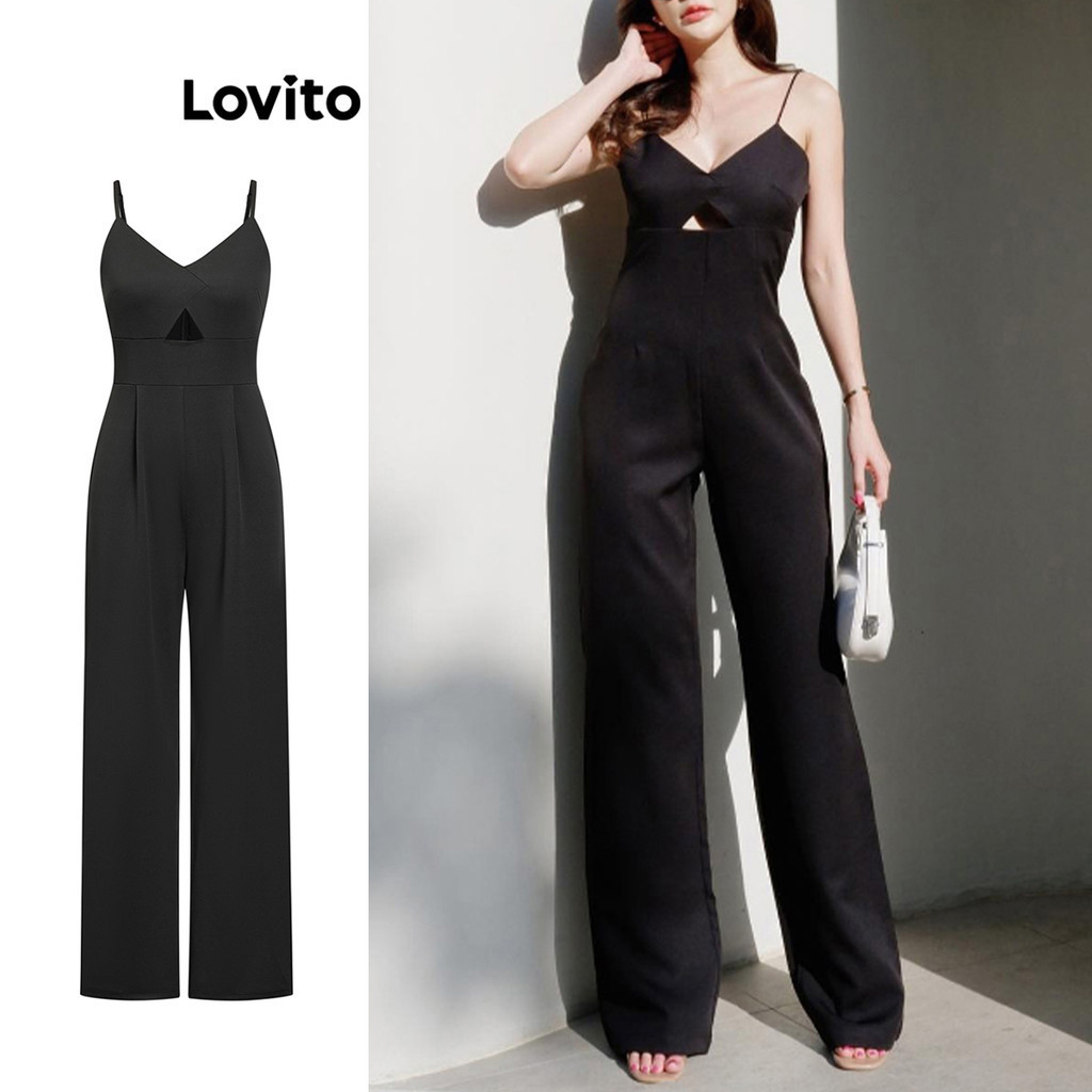 Lovito 波西米亞女式素色鏤空連身褲 L86ED015