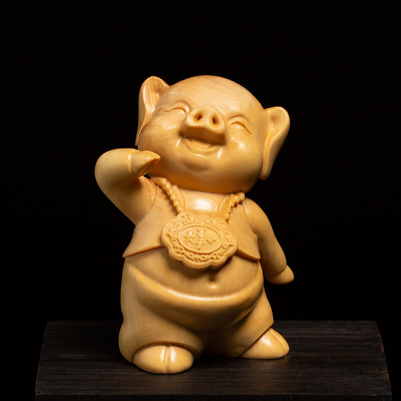 【現貨】黃楊木文玩手把件實木中式客廳雕刻工藝品把玩物件可愛木雕豬擺件