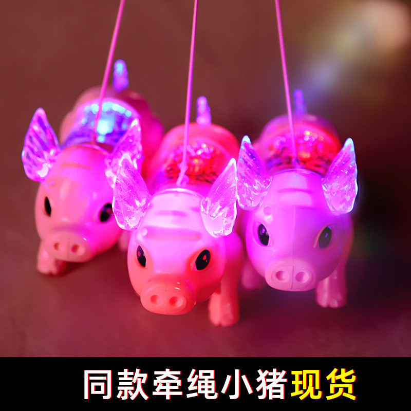 網紅纖繩豬抖音同款電動牽繩小豬老虎發光音樂遛豬豬兒童地攤玩具