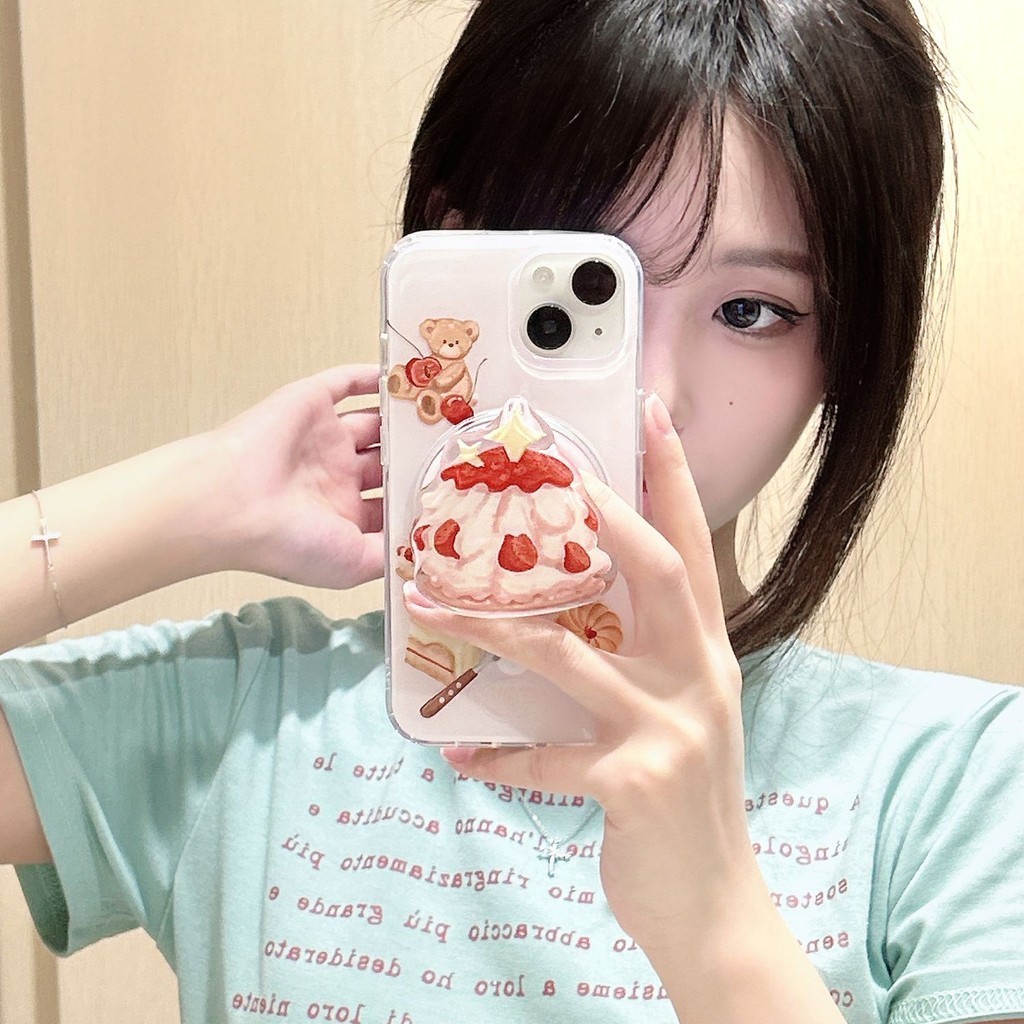 韓風草莓蛋糕蘋果iphone 15 14 13 12 11 pro max plus手機殼小清新磁吸支架magsafe