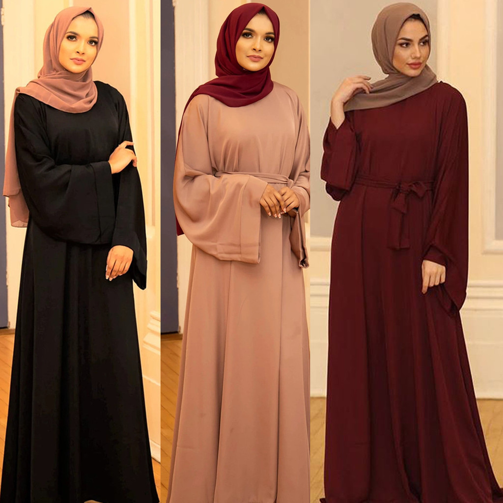 中東秋季新款寬鬆腰四面彈長裙都市休閒素色洋裝