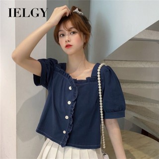 IELGY 女士荷葉邊方領襯衫甜美氣質泡泡袖短上衣