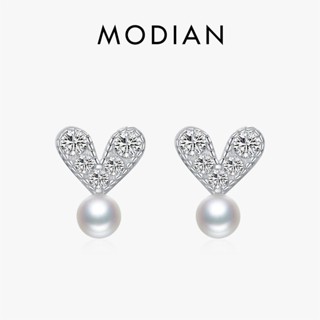 Modian 925 純銀優雅合成珍珠耳環耀眼心形透明 CZ 耳釘女士高階珠寶
