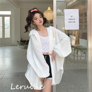 L-4XL 夏季女裝 大尺碼 夏季外套 ins風連帽衛衣 大尺碼外套 防曬衣 襯衫女 長袖上衣 韓版寬鬆百搭連帽空調衫