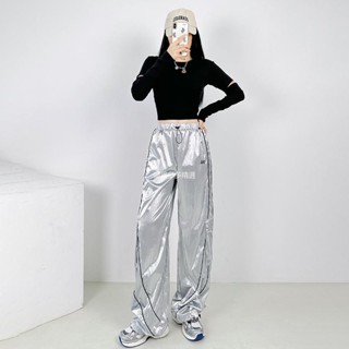 臺灣出貨 韓版嘻哈褲街舞演出服男女團體亮面銀色休閒束腳哈倫褲子 爵士舞服 街舞服女 舞蹈服套裝 嘻哈服WD