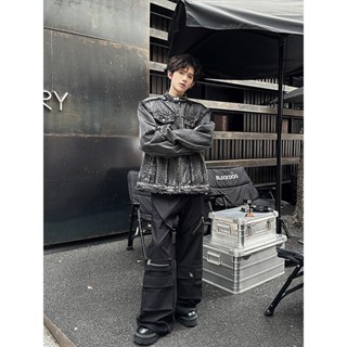 【HOT 本舖】男裝 美式復古毛邊短款墊肩牛仔外套男春秋潮牌高階感cleanfit工裝夾克