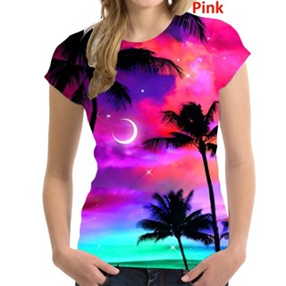 女式夏威夷襯衫短袖 3d 打印棕櫚圖案 T 恤上衣 T 恤