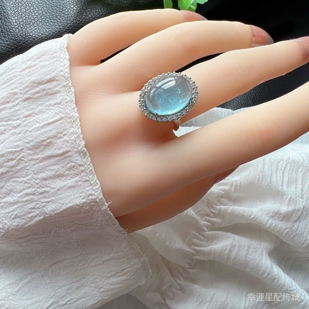 【新款】天然海藍寶戒指 活釦大顆粒百搭食指戒指 簡約高級海藍寶蛋面小眾個性指環