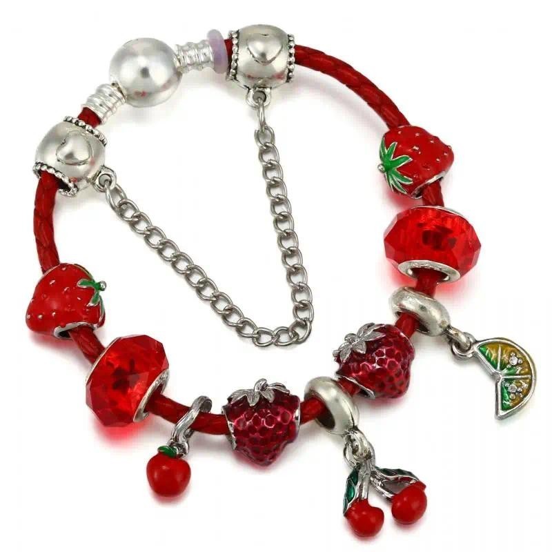 PANDORA 紅色水果櫻桃草莓手鍊適合潘多拉 DIY S925 銀鍊珠原創首飾手工飾品批發