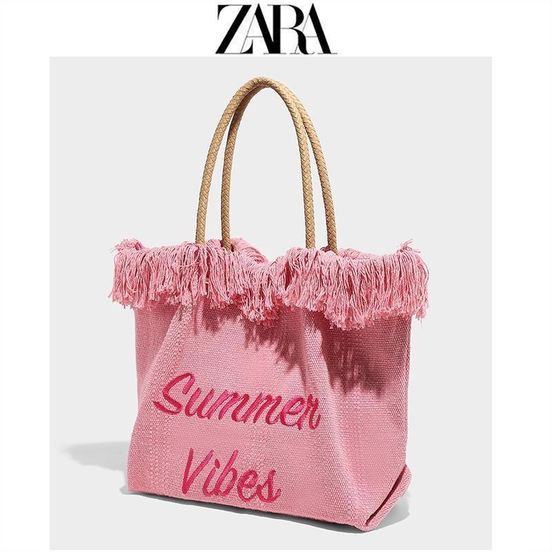 Zara時尚帆佈單肩包女2023新款字母托特包百搭大容量手提學生課包