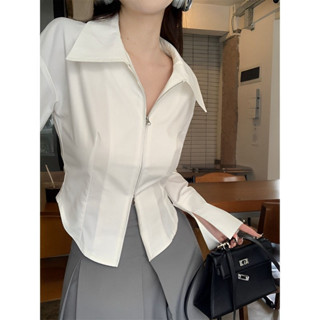 FXDAZI*個性襯衫法式氣質拉鍊白色襯衫女春季設計感短版緊身上衣內搭打底長袖襯衫