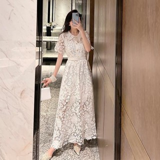 大尺碼勾花鏤空蕾絲洋裝高級氣質名媛高級感白色長裙