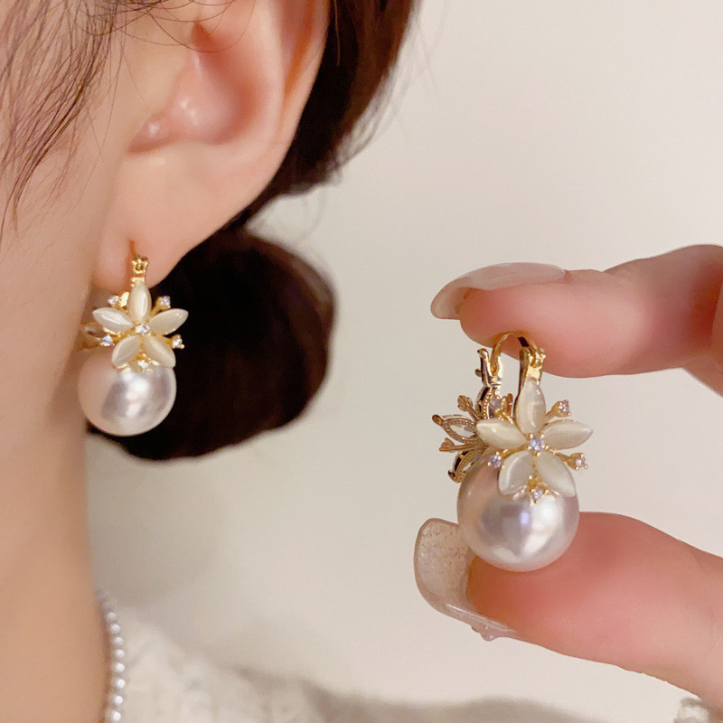 法式輕奢高級感鋯石花朵珍珠時尚雙面耳環