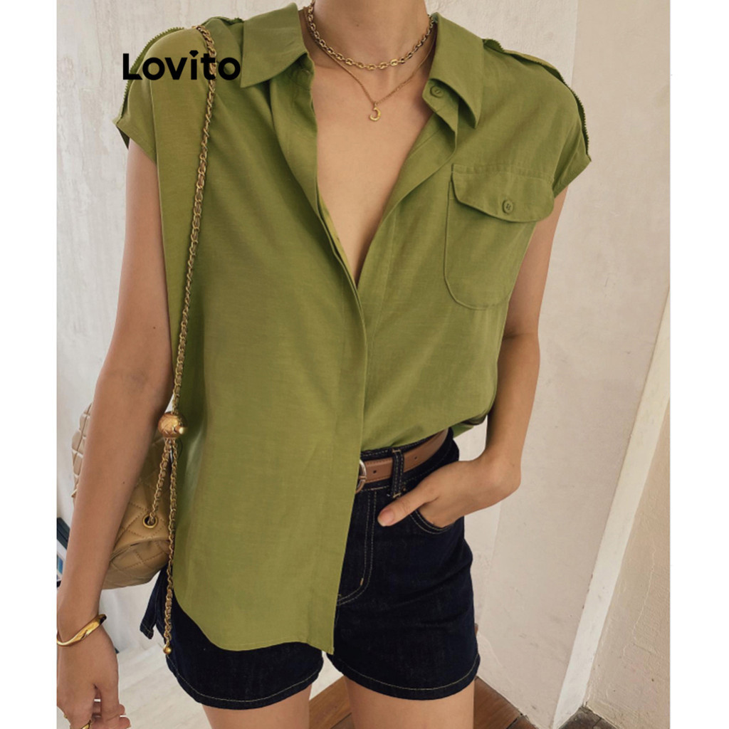 Lovito 優雅素色女口袋襯衫 L86ED026