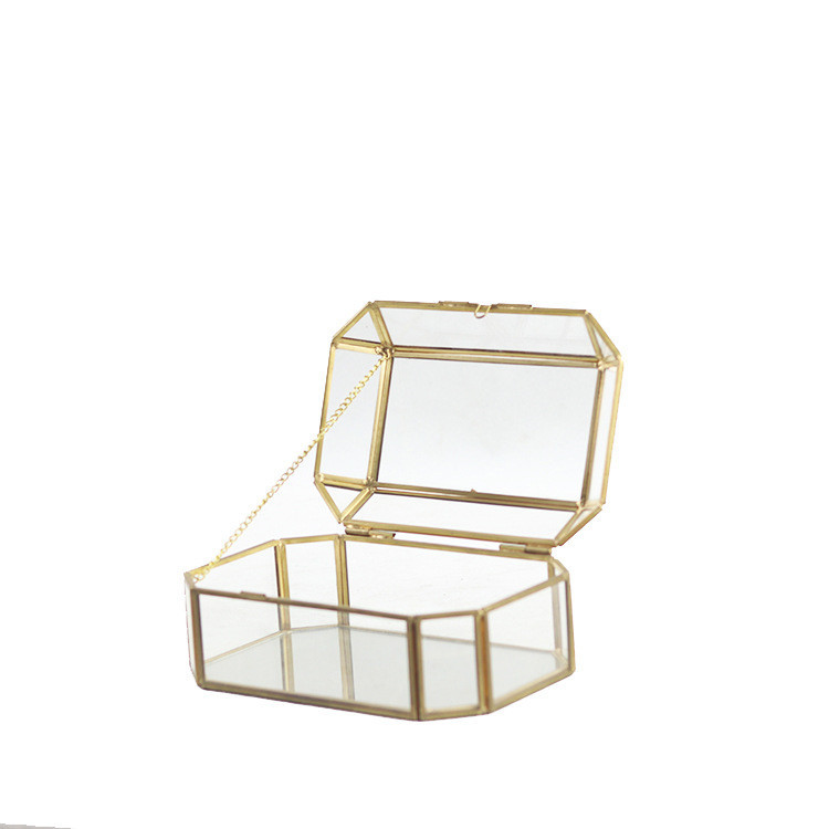 亞馬遜幾何珠寶盒金邊翻蓋玻璃首飾盒裝飾透明防塵收納盒桌面擺件