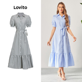 Lovito 女休閒條紋束帶荷葉邊下擺連身裙 LBL06058 (多色的）