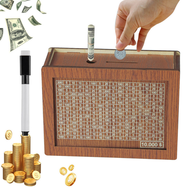 儲蓄盒存錢罐,棕色可重複使用的木製存錢罐,兒童硬幣銀行標記目標用記號筆檢查以幫助保存的習慣