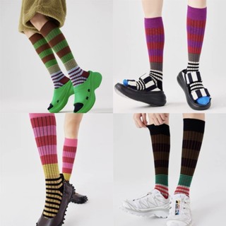 柳惠珠襪子 漸變條紋撞色復古小腿襪及膝堆堆襪男女個性時尚純棉運動襪子