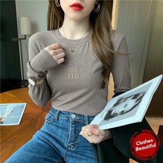 【女神館】臺灣發貨🔥長袖T恤女2024春鞦鼕韓版修身字母刺繡螺紋磨毛內搭打底衫上衣ins