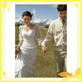 限時特惠 法式緞面輕婚紗 高階感旅拍森系外拍自助婚紗 旅拍寫真登記結婚禮服 簡約長袖小拖尾新娘證婚禮服洋裝 甜美白色長洋