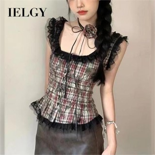 Ielgy 女士蕾絲 U 領無袖上衣,配以掛脖花朵