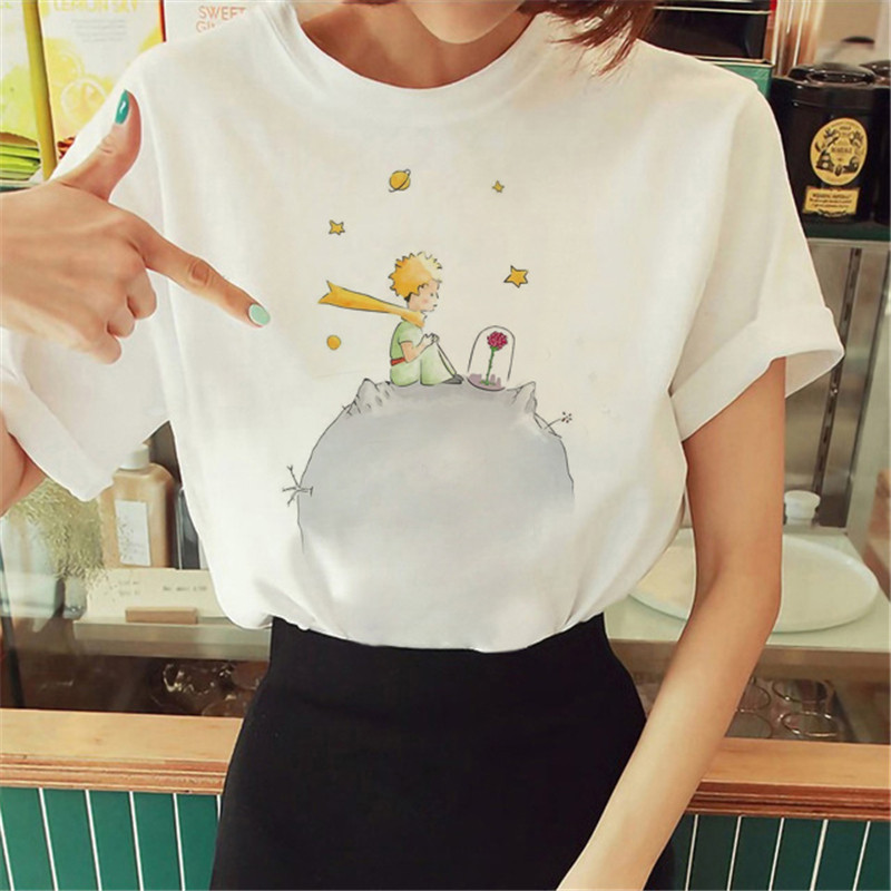 foao888現貨Little Prince T-Shirt卡通小王子印花圖案寬鬆卡通歐美白色t恤女