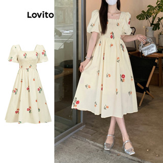 Lovito女式花卉抽褶泡泡袖洋裝 L80ED400