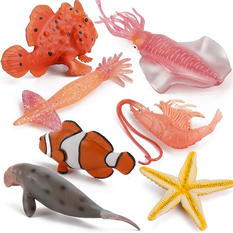 仿真海底生物模型紅蝦美人魚石頭魚小丑魚靜態實心玩偶擺件套裝