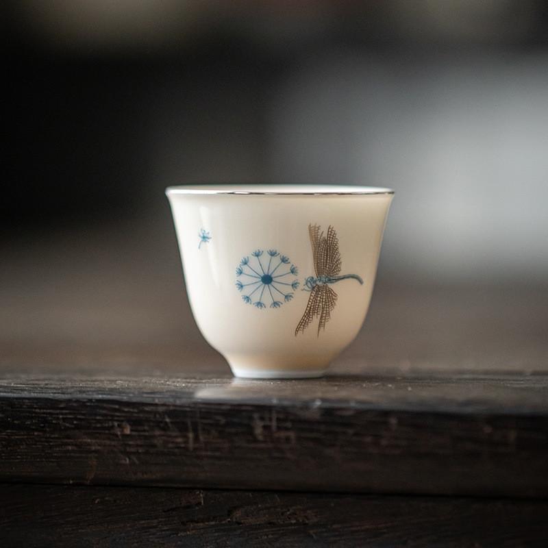 玉泥白金品茗杯 功夫茶具喝茶單杯 藍蜻蜓小品杯 陶瓷茶杯【A341-05】