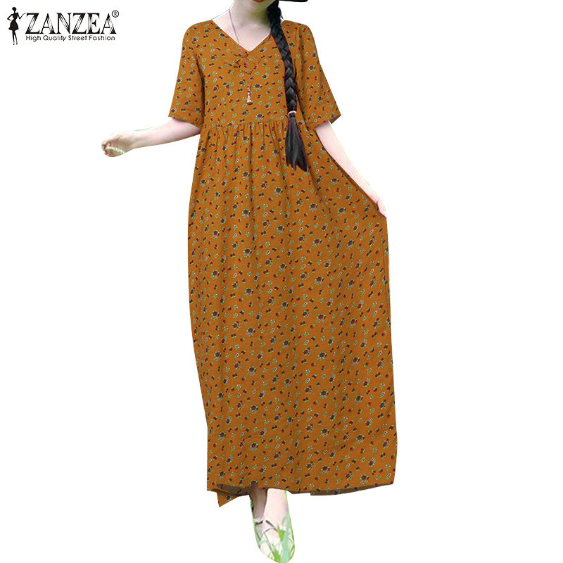 Zanzea 女式韓版休閒日常印花半袖 V 領連衣裙