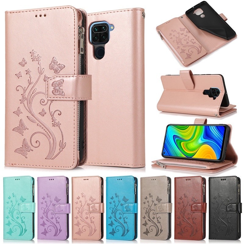 小米手機翻蓋壓花蝴蝶6卡拉鍊皮套 紅米10X Note9 Pro Max Note9S 掀蓋保護殼 防摔可立插卡手機套