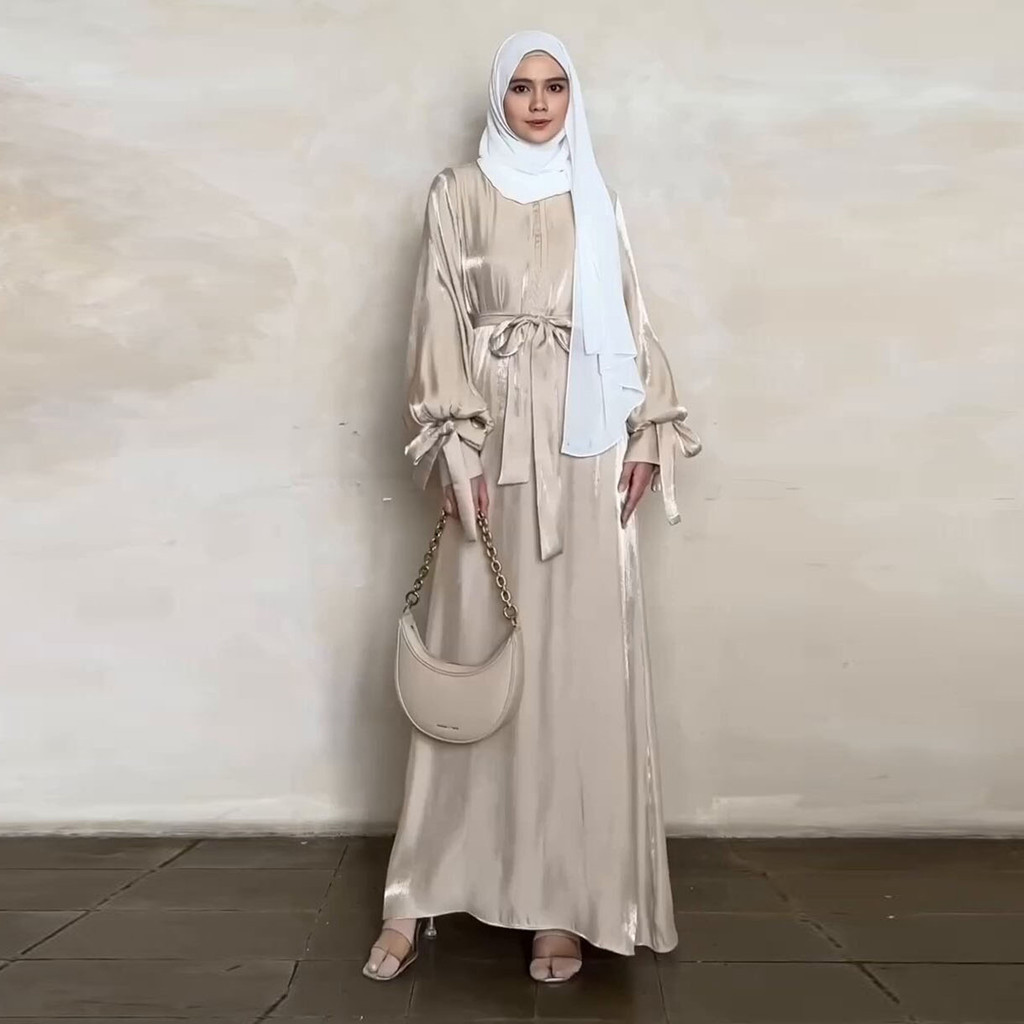 2024春夏女中東阿拉伯女裝時尚泡泡袖寬鬆抽繩長袍洋裝