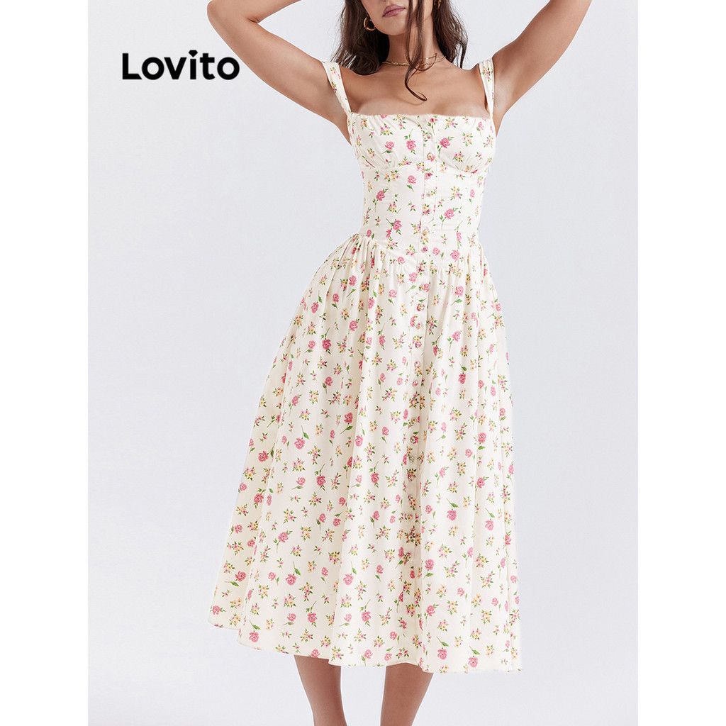 Lovito 女士休閒碎花鈕扣垂墜連身裙 LNL50089