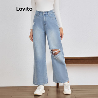 Lovito 女用休閒素色水洗破洞牛仔褲 LBL11473