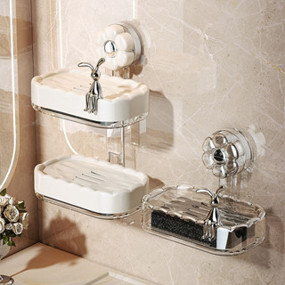 壁掛式免打孔家吸盤肥皂盒用雙層瀝水置物架