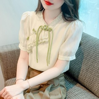 韓國chic夏季中國風個性釘珠盤扣上衣法式溫柔顯瘦泡泡袖小衫女裝
