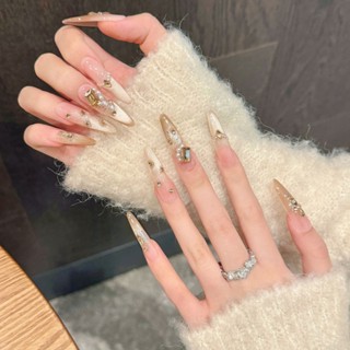 【如夢之夢】高品質精緻純手工穿戴甲 周小姐美甲 香檳美拉德貓眼千金爆閃氣質高階品質穿戴甲長款美甲貼片 時尚日常百搭