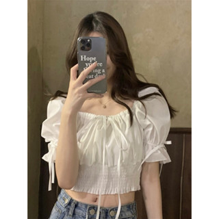 【Uni】韓系小仙女bi入！法式甜美氣質白色方領顯瘦抽繩綁帶短袖襯衫女 韓版設計感泡泡袖高腰露肚短版上衣