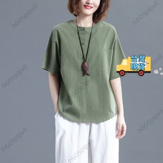 【M-3XL】新中式女裝 90公斤中國風短袖上衣女 棉麻短袖T恤女 夏季中國風服飾大碼寬鬆顯瘦純色休閒百搭亞麻襯衫上衣女