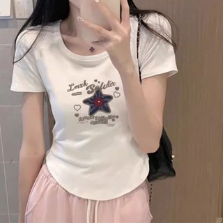 胖胖美依 短袖T卹 上衣 短版上衣 印花上衣 小衫 S-XL新款欲風不規則短袖短款設計感小眾下擺孤形上衣-4235.