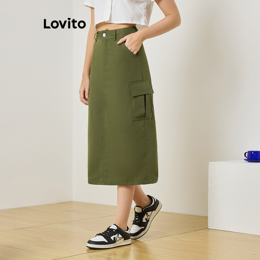 Lovito 女士休閒素色口袋鈕扣短裙 L83ED062