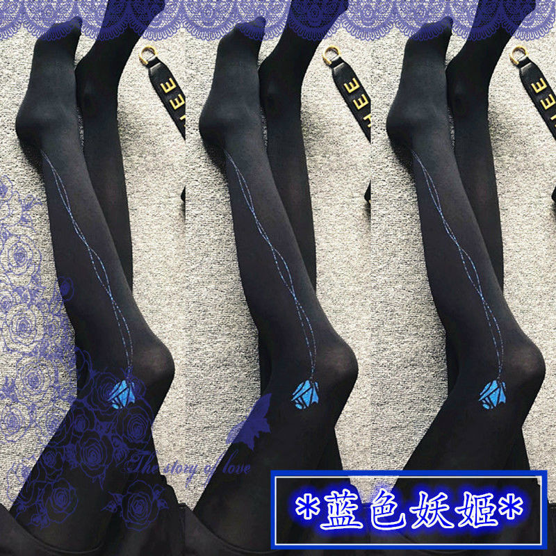 2雙裝義大利絲襪新款藍色玫瑰印花連襪褲120d天鵝高彈內搭褲黑色