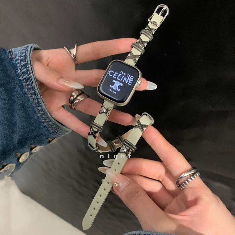 朋克復古雙圈真皮錶帶 適用 Apple Watch 蘋果錶帶 iwatch SE 1-9代通用 Ultra 星星單圈錶帶