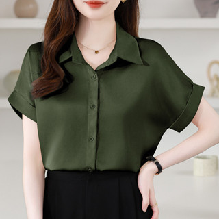 8色女裝夏季韓國新款緞面襯衫優雅復古寬鬆辦公室女士短袖上衣上衣