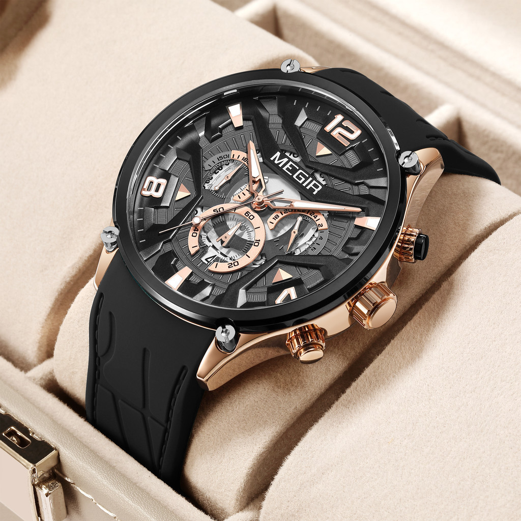 【現貨】MEGIR 2222G 時尚 炫酷 多功能計時三眼六針 男士手錶 新款 矽膠帶石英錶男士