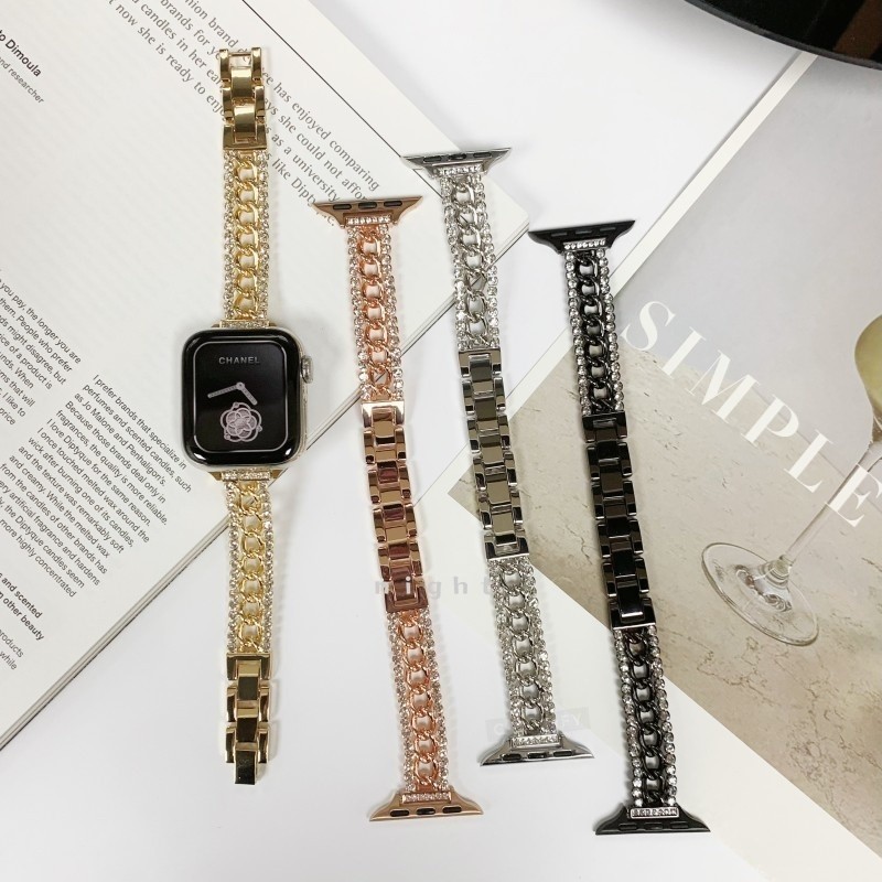 雙排鑽單鏈金屬錶帶 適用 apple watch 蘋果錶帶 iwatch SE 1-9代通用 Ultra 水晶蝴蝶錶帶